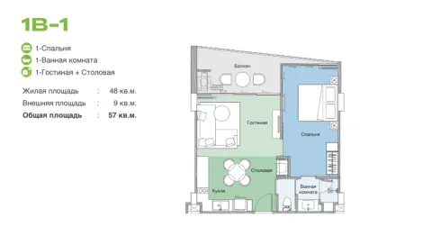 1 bedroom, 54,0 м²